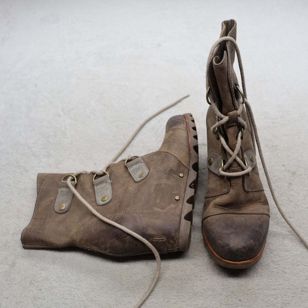 Sorel Womens 7 Boots Brown Joan Of Arctic Wedge II Waterproof Leather Lace Up